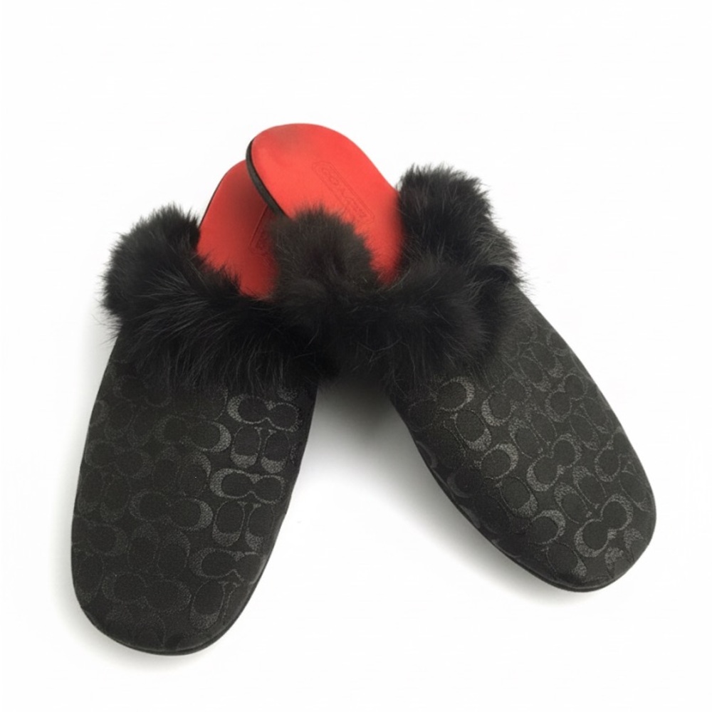 95# Coach Monogram Black and Red Fur Slippers